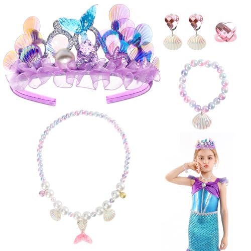 Kinwers Meerjungfrau Haarreif,5 Set Lila Meerjungfrau Kostüm Mädchen Kinder,Inklusive Krone Mädchen Ohrclips Halskette Armband Ringe,Kinderschmuck Mädchen 3/4 Jahre von Kinwers