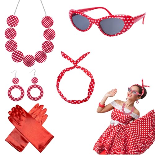 Kinwers Rrockabilly Accessoires Ddamen,5 Stück 50er jahre Accessoires Damen Rock n Roll Kostüm Kleider,Rot Karneval Accessoires Grease Kostüm Damen von Kinwers