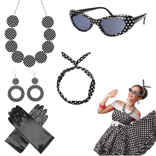 Kinwers Rrockabilly Accessoires Ddamen,5 Stück 50er jahre Accessoires Damen Rock n Roll Kostüm Kleider,Schwarz Karneval Accessoires Grease Kostüm Damen von Kinwers