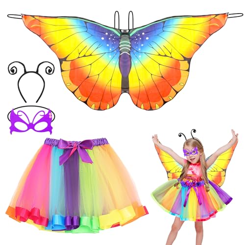 Kinwers Schmetterling Kostüm Kinder,4 Stück Kostüm Schmetterling Kinder Mädchen Schmetterlingsflügel mit Maske Haarreif Gazerock,Halloween Kostüm Karneval Fasching Cosplay von Kinwers