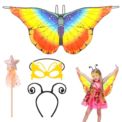 Kinwers Schmetterling Kostüm Kinder,4 Stück Kostüm Schmetterling Kinder Mädchen Schmetterlingsflügel mit Maske Haarreif Tattoos,Halloween Kostüm Karneval Fasching Cosplay von Kinwers