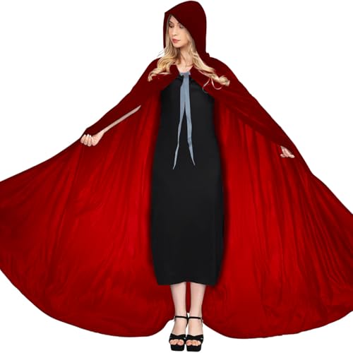 Kinwers Umhang mit Kapuze Halloween Kostüm Rot Halloween umhang Samt Cape Mittelalter Hexe Cosplay Karneval Party Maskerade Unisex von Kinwers