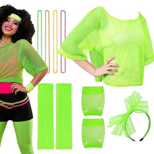 Kioriur 10-teiliges Kostümzubehör-Set – Mädchen 80er Jahre Outfit, 1980er Jahre Kostüm Outfit Damen | Verkleidung Zubehör Retro Frauen Party Kostüm Set, Erwachsene Neon Fischnetz Handschuhe Halskette von Kioriur