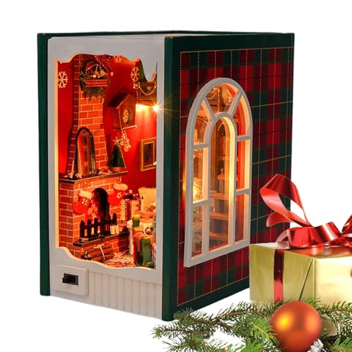 Kioriur Book Nook Kits für Erwachsene, dekoratives Miniatur-Buchstützen-Set – -Buchstützen-Set aus Merry Christmas, Modellbau, Bücherregal-Dekoration, Miniaturhaus-Set mit LED-Licht für von Kioriur