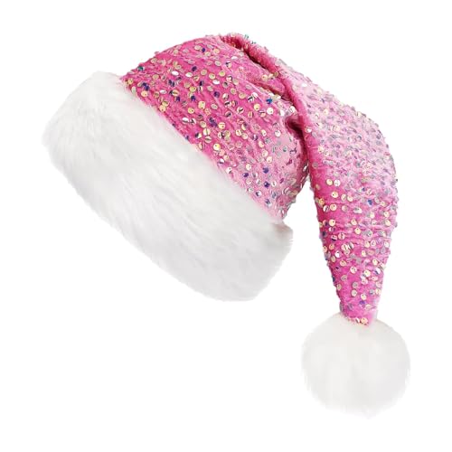 Kioriur Funkelnde Weihnachtsmannmütze, rosa Glitzer-Weihnachtsmütze – Weihnachts-Glitzer-Weihnachtsmannmütze | Weihnachtsmannmütze mit Pailletten von Kioriur