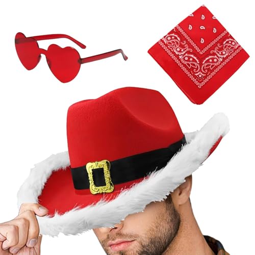 Kioriur Santa Cowboyhüte Set - Weihnachten Cowboyhut Set, Westernhut Cowboyhut | Outfit Halstuch 3x Weihnachtsmütze, Cowgirl Hut breite Krempe Hut mit Herz Brille & Bandana für Urlaub Cosplay von Kioriur