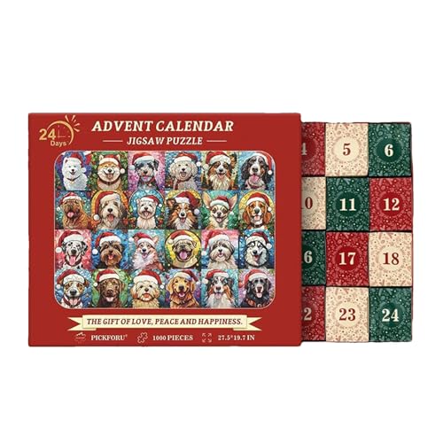 Kioriur Weihnachts-Countdown-Hunde-Puzzle, Countdown-Kalender-Puzzle – 24 Countdown bis Weihnachten 2024 – Familienspiel Nachtspuzzle 1000 von Kioriur