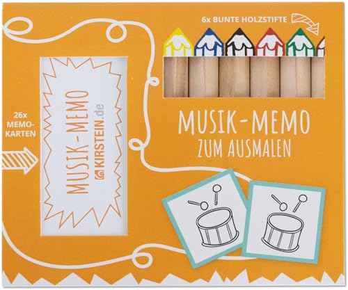 Kirstein Musik-Memo zum Ausmalen - 26 Memo-Karten mit Musik-Motiven zum Ausmalen - Spielspaß für Groß und Klein - 6 Buntstifte aus Lindenholz - TÜV-geprüft nach DIN EN 71 von Kirstein