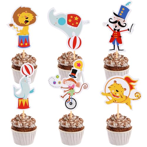 Kisangel 72 Stück Zirkus-Kuchendekorationen Cartoon Tiger Delfin Affe Elefant Cupcake Muffin Picks Einsatz Karte Lebensmittel Snack Pick für Geburtstag Babyparty Party von Kisangel