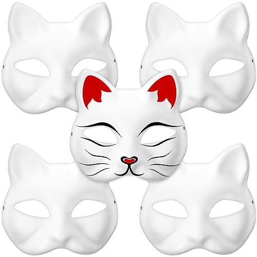 Kisangel Blanko-Katzenmaske – 5 Stück Papier-Katzenmaske Therian-Maske Schlichte Weiße Katzenmasken Katzen-Maskerade-Maske Tiermasken Für Erwachsene Kinder Halloween-Party Kostüm von Kisangel