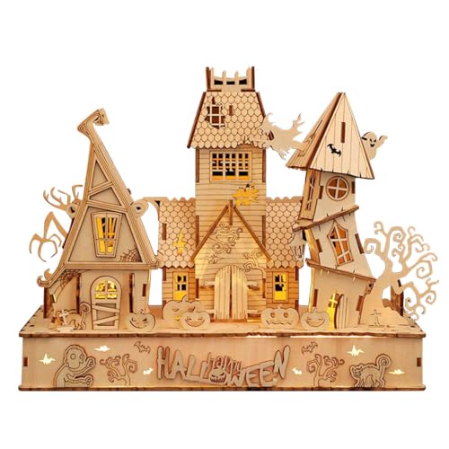 Kisss 3D Holzpuzzle Halloween Haus Bausatz, DIY 3D Holzpuzzle Modell Haunted House Puzzle, Halloween Dekoration Modell Bausatz Montage Modell Bausatz zum Bauen für Erwachsene KIT von Kisss