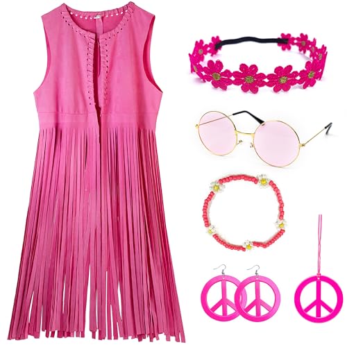 KitChocoLot Hippie Damen Weste Kostüm Set, 7Pc, 60er 70er Jahre Outfit Damen, Hippie Kleidung Damen, Fransenweste Damen Für Karneval, Vintage Rosa von KitChocoLot