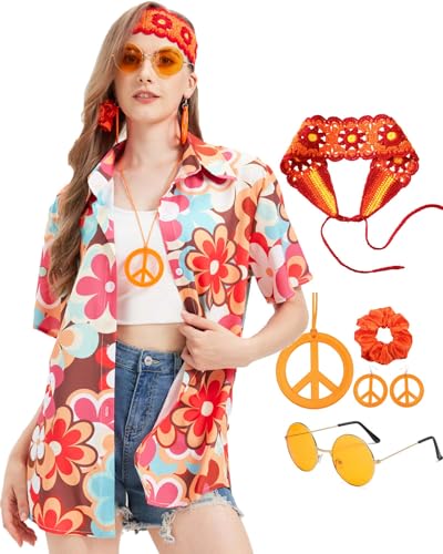 KitChocoLot Hippie Kostüm Damen, Hawaii Outfit Damen, Flower Power Kleidung, Vintage Hemd mit Accessoires, 70er Jahre Outfit für Karneval KitChocoLot Hippie Kostüm Damen, Hawaii Outfit Damen, Flower Power Kleidung, Vintage Hemd mit Accessoires, 70er Jahre Outfit für Karneval von KitChocoLot