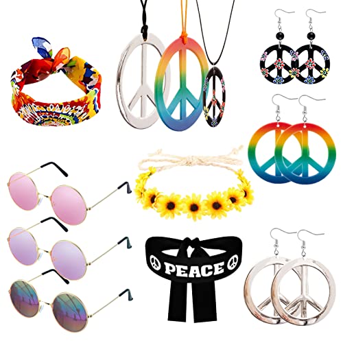 12 Stück Hippie Accessoires Damen, 70er Jahre Accessoires, Hippie Kostüm Damen, Hippie Kleidung Damen mit Hippie Brille, Hippie Stirnband, Peace Kette und Ohrring, 60er 70er Jahre Bekleidung Damen von Kitimi