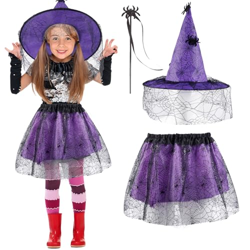 3 Stück Halloween Hexenkostüm Mädchen Spinnennetz Hexe Kostüm Kinder Tüllrock Tutu mit Hexenhut Hexen Set Cosplay Zubehör Kleid Hexenkostüm für Karneval Maskerade Halloween Faschings Cosplay Party von Kitimi