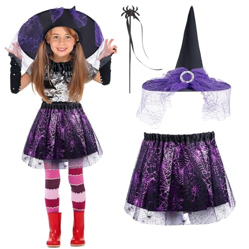 3 Stück Halloween Hexenkostüm Mädchen Spinnennetz Hexe Kostüm Kinder Tüllrock Tutu mit Hexenhut Hexen Set Cosplay Zubehör Kleid Hexenkostüm für Karneval Maskerade Halloween Faschings Cosplay Party von Kitimi