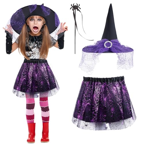 3 Stück Halloween Hexenkostüm Mädchen Spinnennetz Hexe Kostüm Kinder Tüllrock Tutu mit Hexenhut Hexen Set Cosplay Zubehör Kleid Hexenkostüm für Karneval Maskerade Halloween Faschings Cosplay Party von Kitimi