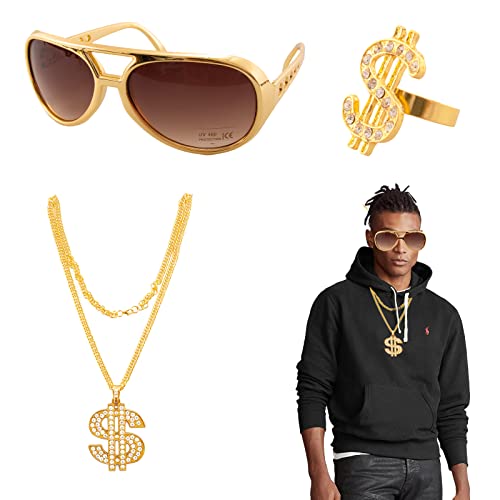 3 Stück Hip Hop Kostüm, Zuhälter Kostüm Herren, Dollar Rapper Kette, Goldkette Herren Kostüm Kit, Rapper Kette Brille Fasching Set, 80er 90er Jahre Accessoires Herren für Karneval Halloween Cosplay von Kitimi