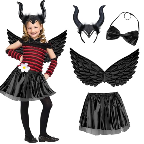 4 Stück Maleficent Königin Hörner Kostüm Set Kinder Mädchen Teufel Horn Kopfschmuck Schwarz Gothic Kopfbedeckung mit Böse Flügel Tutu Kleid Hexenkostüm für Karneval Maskerade Halloween Cosplay Party von Kitimi