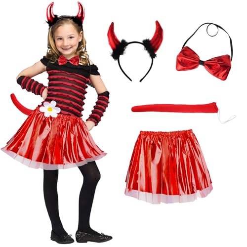 4 Stück Königin Hörner Kostüm Set Kinder Rot Maleficent Mädchen Teufel Horn Kopfschmuck Rot Gothic Kopfbedeckung mit Böse Tutu Kleid Hexenkostüm für Karneval Maskerade Halloween Cosplay Party von Kitimi