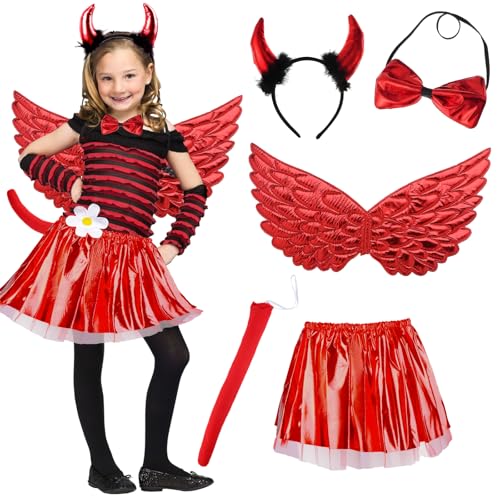 5 Stück Königin Hörner Kostüm Set Kinder Rot Maleficent Mädchen Teufel Horn Kopfschmuck Rot Gothic Kopfbedeckung mit Böse Flügel Tutu Kleid Hexenkostüm für Karneval Maskerade Halloween Cosplay Party von Kitimi