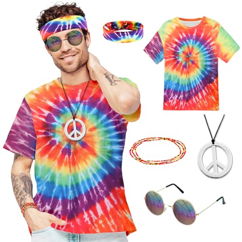 5PCS Hippie Kostüm für Herren, 60er 70er Jahre Outfit Herren, Hippie Accessories mit T-Shirt Perücke Sonnenbrille Peace Halskette Stirnband, Herren Damen Cosplay Karneval Fasching Themenparty von Kitimi