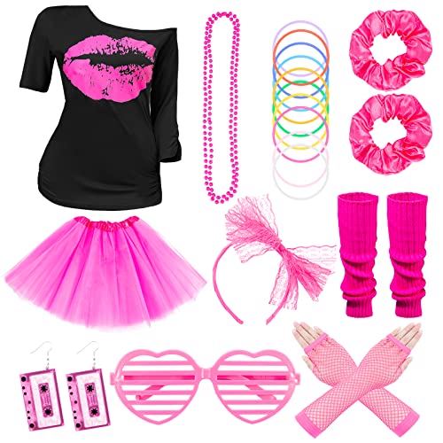 80er Jahre Outfit Damen, 10PCS 80er Jahre Kleidung Accessoires Damen Set, Neon Party Outfit, Lips Print T-Shirt Rock mit 80er Jahre Ohrringe Halskette für Geeignet für 80er Jahre Outfit Damen Party von Kitimi