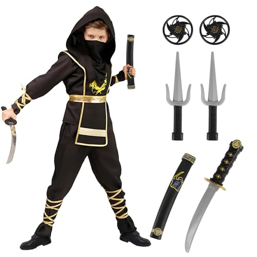 Kitimi Ninja Kostüm Kinder Schwarz Golden, 14 Stück Ninja Karneval Kinder Kostüm Set mit Ninja Zubehör Katana Schwert Plastik Ninja Samurai Kostüm für Jungen Mädchen Cosplay Kung Fu Party Verkleidung von Kitimi