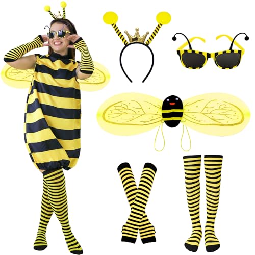 Bienen Kostüm Damen, Bienenkostüm Erwachsene mit Stirnband, Handschuhen, Beinsocken, Brille, Flügeln, Halloween Karneval Mottoparty Kostüm, Frauenkostüm für Karneval Cosplay von Kitimi