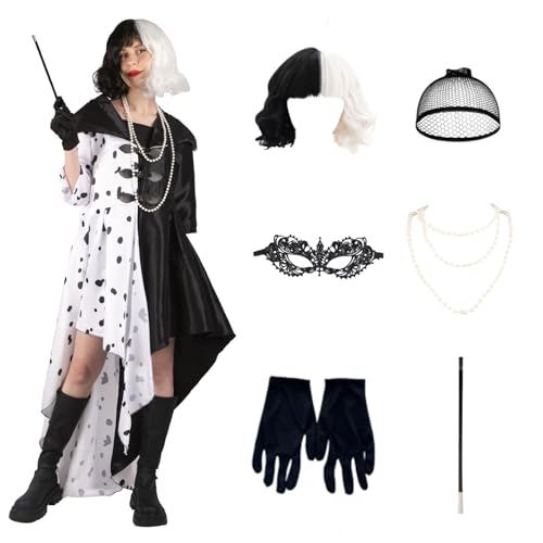 Cruella Devil Kostüm Damen, Damen Faschingskostüme mit Kleid, Perücke, Halskette, Maske, Cosplay Halter, Haarnetz, schwarze Handschuhe für Karneval Halloween Cosplay Party von Kitimi