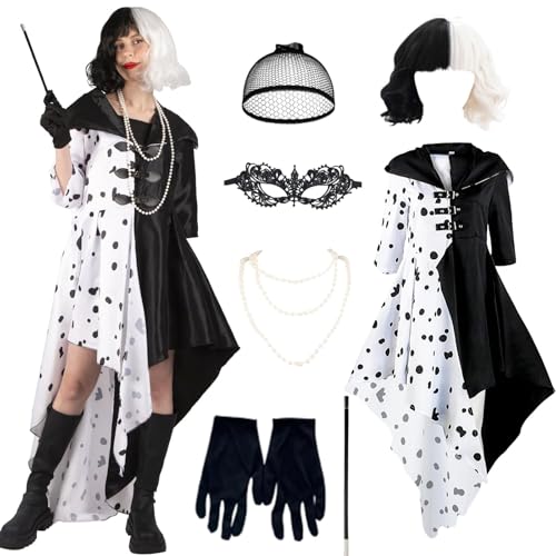 Cruella Devil Kostüm Damen, Damen Faschingskostüme mit Kleid, Perücke, Halskette, Maske, Cosplay Halter, Haarnetz, schwarze Handschuhe für Karneval Halloween Cosplay Party von Kitimi