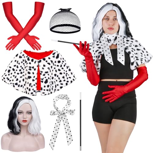 Cruella Devil Kostüm Set, Cruella Kostüm für Damen mit Lange Rote Handschuhe, Weiß Schwarz gepunkteter Schal, Cosplay Halter und Perücke mit Mittelscheitel von Kitimi