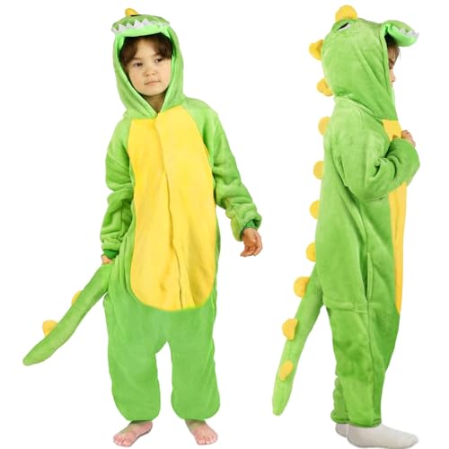 Dino Onesie Kinder Dinosaurier Kostüm Pyjamas Schlafanzug Jumpsuit mit Kapuze- Tier Schlafoverall Kleidung Outfit Drachen Flanell Sleepwear Overall für Mädchen Jungen Halloween Karneval Cosplay Party von Kitimi