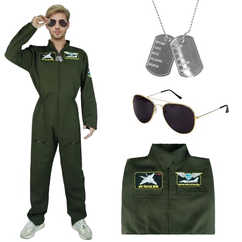 Fliegeranzug Herren Set, Pilot Kostüm für Herren, Kampfjetpilot Kostüm Mit Fliegerbrille Sonnenbrille und Silber Erkennungsmarke, Jetpilot Kostüm, Flieger Kampfjet Dress Up für Fasching Karneval Party von Kitimi