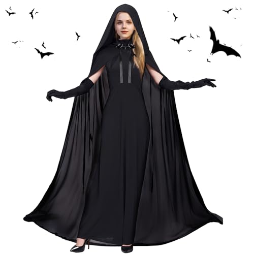 Halloween Kostüm Damen Geister- Geisterbraut Königin Kostüm Schwarze Böse Königin Umhang Abendkleid mit Kapuze, Horror Lange Vampir Kleid Hexen Schwarze Robe für Halloween Fasching Karneval Kostüm von Kitimi