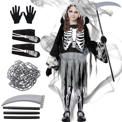 Sensenmann Kostüm Karneval, Sensenmann Kostüm Mädchen, Karneval Kostüm Kinder Gruselig mit Sichel Socken und Handschuhe, Kostüm Kinder Mädchen für Halloween Cosplay Dress Up Party Karnevals L von Kitimi