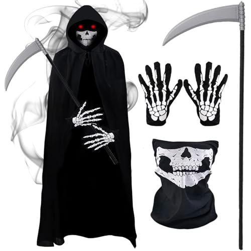 Halloween Sensenmann Kostüm Herren Robe mit Kapuze, 4Pcs Reaper Halloween Kostüme Set mit Sensemann Umhang Totenkopf Sense Maske Handschuhe für Unisex Rollenspiele Party Karneval Cosplay von Kitimi