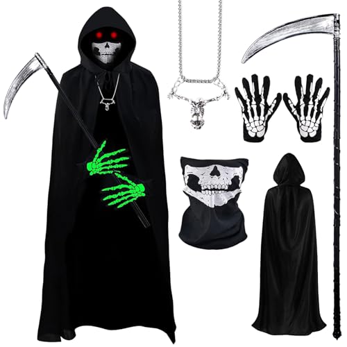 Halloween Sensenmann Kostüm Herren Robe mit Kapuze, 5Pcs Reaper Halloween Kostüme Set mit Sensemann Umhang Totenkopf Sense Maske Halsketten Handschuhe für Unisex Rollenspiele Party Karneval Cosplay von Kitimi