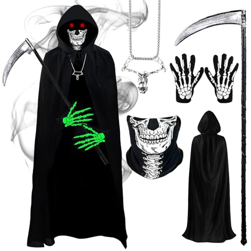 Halloween Sensenmann Kostüm Herren Robe mit Kapuze, 5Pcs Reaper Halloween Kostüme Set mit Sensemann Umhang Totenkopf Sense Maske Halsketten Handschuhe für Unisex Rollenspiele Party Karneval Cosplay von Kitimi