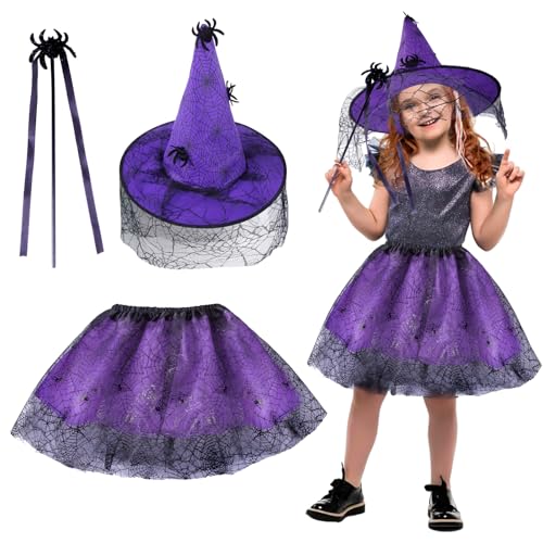 Halloween Kostüm Mädchen Hexenkostüm Kinder, Hexen Verkleidung Set mit Tütü -Kleid Hexenhut und Zauberstab, Hexenkleid Zubehör Cosplay Kostüm für Halloween Karneval Party von Kitimi