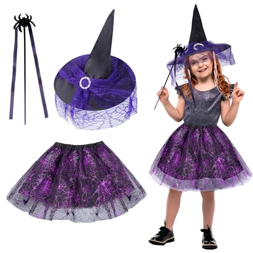 Halloween Kostüm Mädchen Hexenkostüm Kinder, Hexen Verkleidung Set mit Tütü -Kleid Hexenhut und Zauberstab, Hexenkleid Zubehör Cosplay Kostüm für Halloween Karneval Party von Kitimi