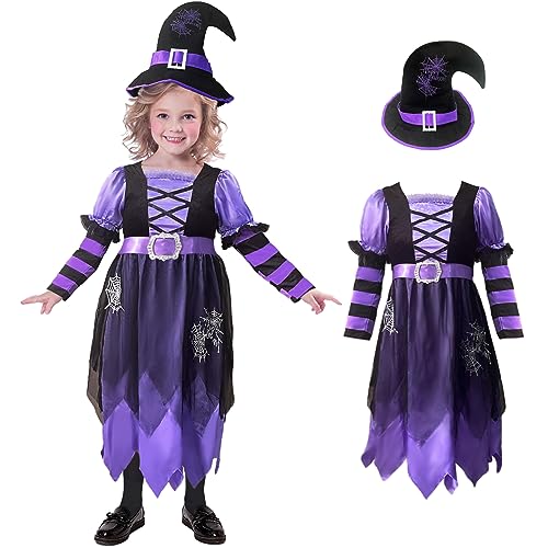 Hexenkostüm Kinder, Halloween Kostüm Mädchen Kinder Hexe, Karneval Fasching Halloween Kostüm Hexe Kinder, Hexenkostüm Kinder mit Hexenhut, Halloween Hexenkleid für Kinder Geeignet für 4–12 Jahre von Kitimi