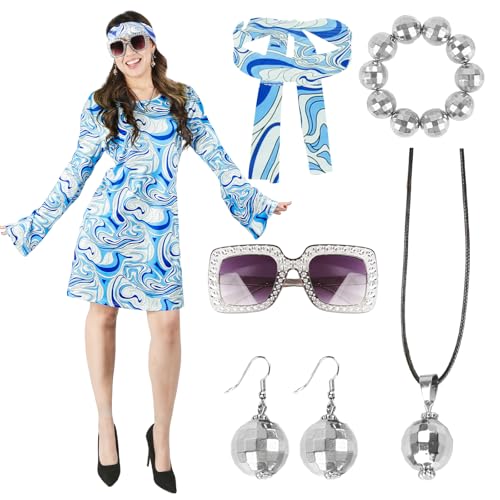 Hippie D5 6PCS Hippie Kostüm Damen, 60er 70er Jahre Outfit Damen, Hippie Stirnband+Haarband+Brille+Halskette+Ohrringe, Disco Outfit Hippie Accessoires Damen, Damen Kleid für Karneval Party von Kitimi