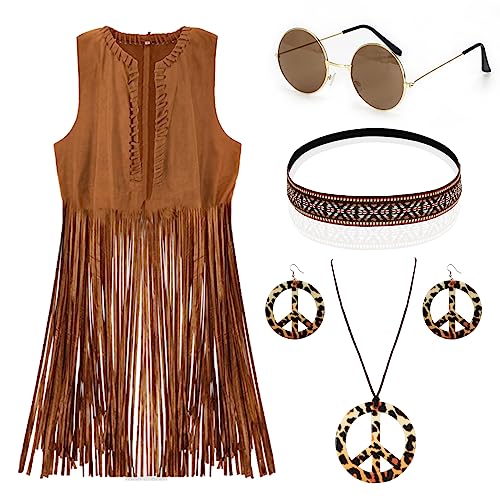 Hippie Kostüm, Hippie Kleidung Damen, Hippie Kostüm Damen, 60er 70er Jahre Bekleidung Damen Hippie Weste, Hippie Accessoires Brille Kette Haarband Ohrringe, Disco Outfit Hippie Faschingskostüme von Kitimi