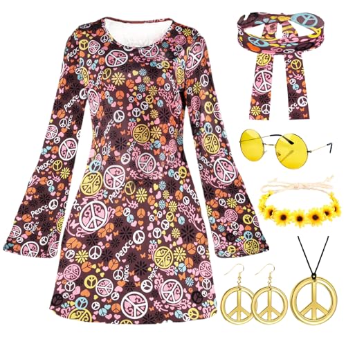 Hippie Kostüm Damen 60er 70er Jahre Bekleidung Damen, 60er 70er Disco Kostüm Damen, Faschingskostüme Flower Power Kleidung Damen, 7-teiliges Hippie Kostüm Set mit Hippie Kleid Hippie Accessoires von Kitimi