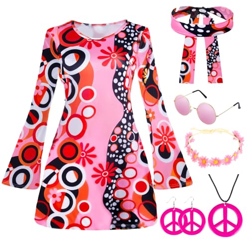 Hippie Kostüm Damen 60er 70er Jahre Bekleidung Damen, 60er 70er Disco Kostüm Damen, Faschingskostüme Flower Power Kleidung Damen, 7-teiliges Hippie Kostüm Set mit Hippie Kleid Hippie Accessoires von Kitimi