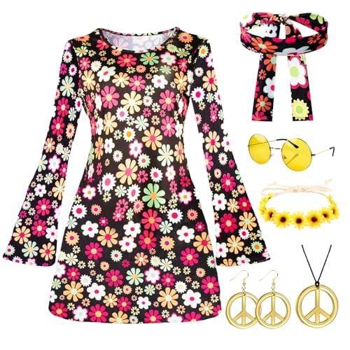 Hippie Kostüm Damen 60er 70er Jahre Bekleidung Damen, 60er 70er Disco Kostüm Damen, Faschingskostüme Flower Power Kleidung Damen, 7-teiliges Hippie Kostüm Set mit Hippie Kleid Hippie Accessoires von Kitimi