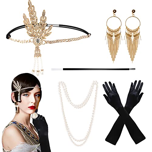 Kitimi 20er Jahre Kostüm Accessoires Damen, 5 Stück Gatsby Accessoires Damen, 1920er Accessoires 20er Jahre Haarschmuck, Lange Handschuhe, Halsketten und Ohrringe, Karneval Kostüm Damen Accessoires von Kitimi