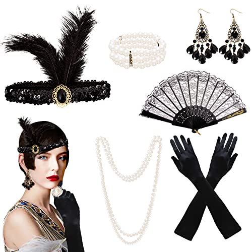 Kitimi 20er Jahre Kostüm Accessoires Damen, 7 Stück Gatsby Accessoires Damen, 1920er Accessoires 20er Jahre Haarschmuck, Lange Handschuhe, Halsketten und Ohrringe, Karneval Kostüm Damen Accessoires von Kitimi