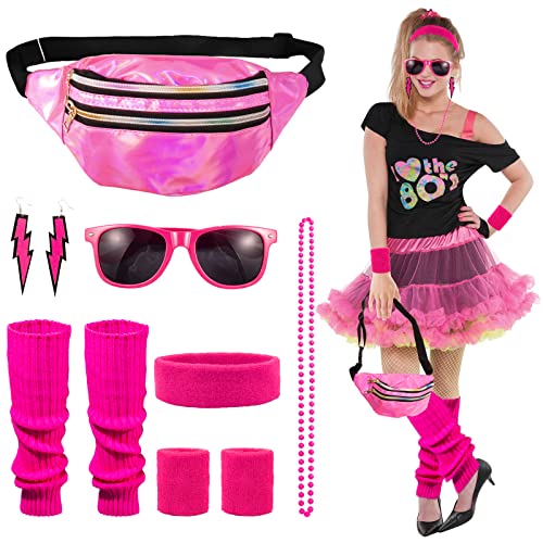 Kitimi 80S Sets1 Jahre Outfit Damen, 10Pcs 80er Jahre für Frauen, Stirnband, Beinwärmer, Armbänder, Brille und Ohrring für Neon 80 Jahre Party Outfit Damen, für 80er Jahre Outfit von Kitimi